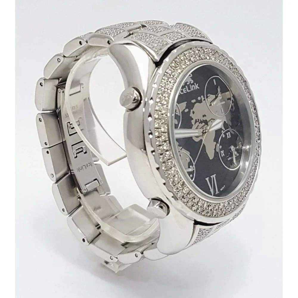 IceLink Marco Polo No. 1409 Black and Steel Watch w/Diamond Bezel and Strap 50mm